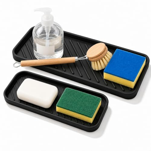 2er Set Spülbecken Organizer Silikon Große & Kleine Abtropfmatte Schwarz | Hitzebeständig Bis 230°C, mit Wasserablauf, Rutschfest, Schnelltrocknend für Schwämme, Seife und Bürsten in Küche & Bad