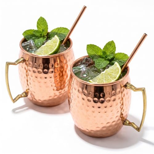 Juego de 2 tazas de cobre puro 99,99 % para Moscow Mule, sin costuras, paredes gruesas, superficie martillada con mango de latón, hecho a mano para cócteles, cerveza, barbacoa clásica para casa y
