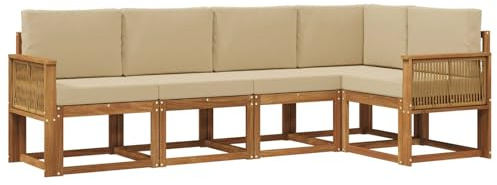 vidaXL Outdoor-Sofagarnitur mit Kissen 5 pcs Natur und Beige Polyester, Garten, modernes Outdoor-Sofa, wetterfestes Lounge-Möbel, perfekte Terrasse für gemütliches Sitzen