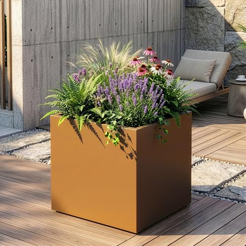 casa.pro Pflanzkübel Vaargel Blumentopf 60 x 60 x 60 cm Pflanzkasten wetterfest Pflanzentopf quadratisch Blumenkübel Outdoor Indoor Blumenkasten verzinkter Stahl Braun