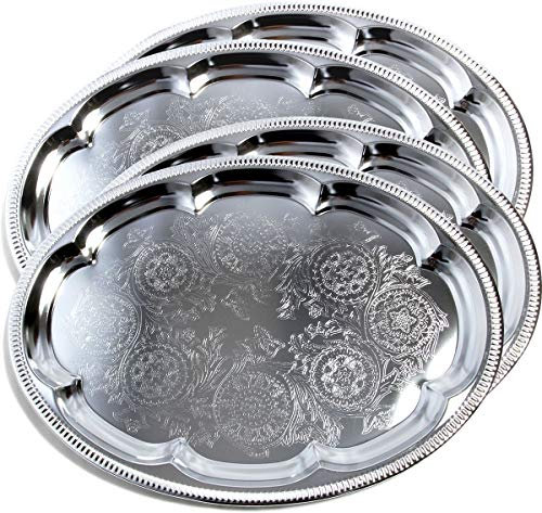 Maro Megastore (paquete de 4) 46 cm x 34 cm Patrón floral oval tradicional Grabado Restauración Cromo plateado Plato de servicio Bandeja de espejos Bandeja de metal Grande T225-4pk