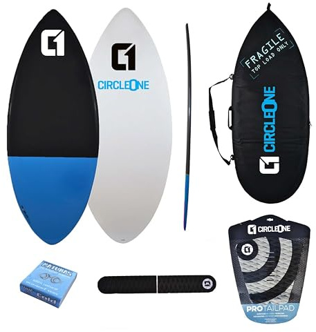Circle One Skimboard Paket aus Epoxid und Fiberglas, EPS-Skimboard, inkl. Tasche, Wachs, Tailpad und Bogenstange, blau