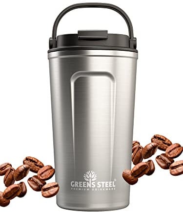 Greens Steel Reusable Coffee Cup - 480 ml (16 oz) Silver | Travel Mug with Lid & Handle | Stainless Steel Insulated Flask for Hot & Cold Drinks | Leak Proof Tumbler for Tea, Coffee, Iced Drinks