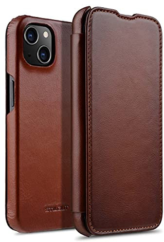 STILGUT Book Case kompatibel mit iPhone 13 (6.1“) Hülle aus Leder zum Klappen, Klapphülle, Handyhülle, Lederhülle - Cognac Nappa