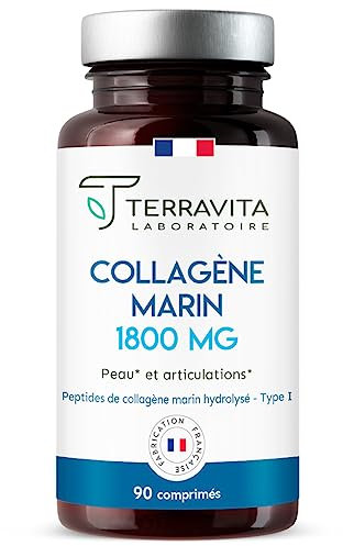 COLLAGÈNE MARIN Peptan® + Vit C | Haut Dosage 1800mg en 3 Comprimés | 90 Comprimés | Peptides de Collagène Purs | Articulations Souples, Peau Lisse et Hydratée | Filière 100% Française | Terravita