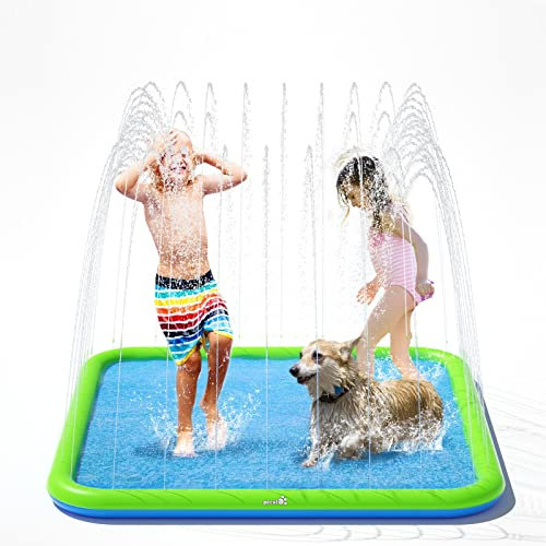 pecute Sprinkler Pad for Dogs & Kids - Square 150cm, Thickened Sturdy Dog Splash Mat Anti Slip Children Water Play Toy, Inflatable Swimming Bathing Pool for Summer Outdoor Garden (59in)