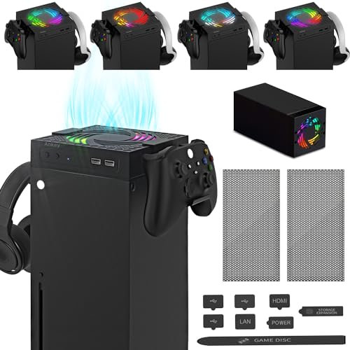 Ankey Ventilateur de refroidissement automatique pour console Xbox Series X, système de refroidissement contrôlé par température, 2 supports pour contrôleur, casque, faible bruit, lumière RVB colorée,