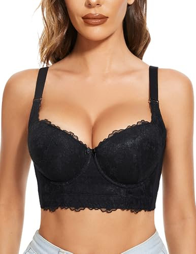 FallSweet Push Up Bras for Women Lace Plus Size Wide Back Underwire Longline Corset Bra(Black, 34C)