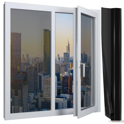 NAKIYO One Way Window Film Privacy Light Blocking, Reflective Window Tint Film Sun Blocker Anti UV Heat Control, No Adhesive Blackout Window Stickers for Office Home (Transparent Black) 44.5x200cm