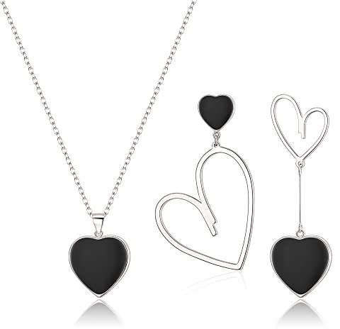 EVER FAITH Herz-Schmuck-Set für Damen Schwarzes Herz Anhänger Halskette und Asymmetrische Ohrringe Set Schmuck Geschenke für Silber-Ton