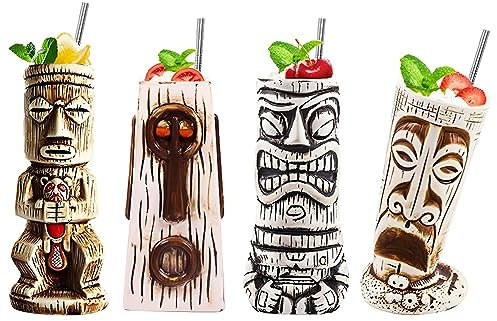 Morlinca Tiki Mugs Cocktail Set di 4 Tazze Tiki in Ceramica Hawaii Tiki Party Cocktail Creativo Bicchiere da Bar Bicchieri Premium Tropical Exotic,A5