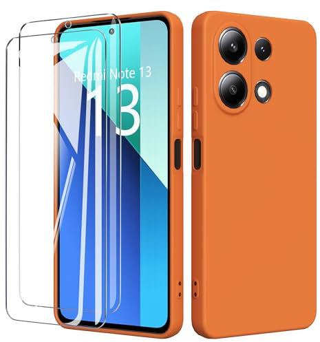 binandteam Funda para Xiaomi Redmi Note 13 4G con 2 Protector de Pantalla,Ultra Slim Protectora Carcasa de Silicona Líquida TPU Anti-Choque Suave Case Cover - Naranja