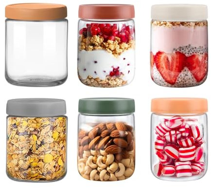 Ryvera Botes de Cristal con Tapa, 6 Pezzi 500ml Overnight Oats Jar, Taza de Muesli Yogur, Reutilizable Porta Yogurt y Cereales Taza de Cereales, Overnight Oats Jar para Fruta Verdura Cereal (6)