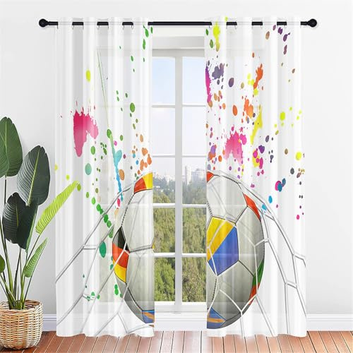 Hiseng Voile Vorhänge mit Ösen 2er Set Scheibengardinen, 3D Graffiti Fußball Druck Durchsichtig Halbtransparent Ösenvorhang für Fenster Wohnzimmer Schlafzimmer Küche (140x213cm,Spritzer Tinte)