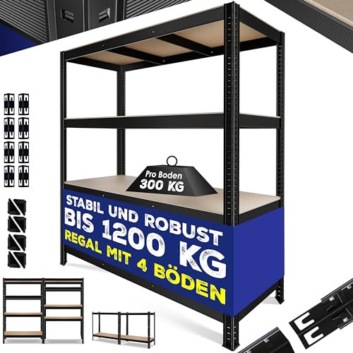 MASKO® Schwerlastregal Lagerregal Kellerregal 160x160x60cm, 1200kg belastbar 4 verstellbare Ablagen, MDF-Platten Regal aus Metall, Steckregal, Werkstattregal Stahlgestell Garage Werkbank Schwarz