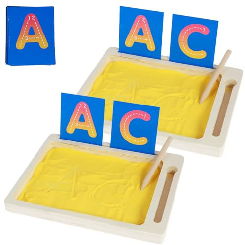 2Pcs Montessori Sand Tray Toys, Wooden Tray and Pencil Sand Box for Writing Letters and Numbers, Writing Board Drawing Tablet Learning Gift for Kids Educational Toys for 3-6 Years Old Boys Girls