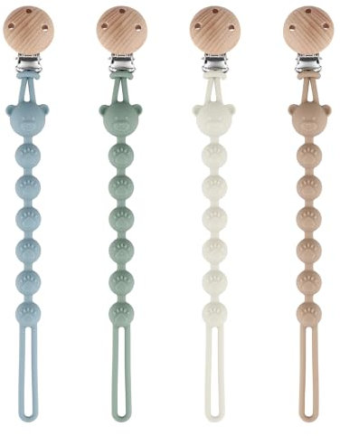 DOUUCO 4er Pack Schnullerkette Silikon, Baby Schnullerkette Clip, BPA frei Sicherheitsgurte für Spielzeug, Stillkette Mädchen, Stillkette Junge und Beißringspielzeug für Baby (Braun/Grau/Blau/Grün)