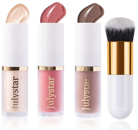 3Pcs Liquid Contour Highlighter Blush mit Pinsel, Liquid Contour Bronzer Blush Stick for Cheeks Eyes Lips, lang anhaltende wasserdichte glatte Make-up-Sticks für alle Hauttypen Gesicht Make-up (A)