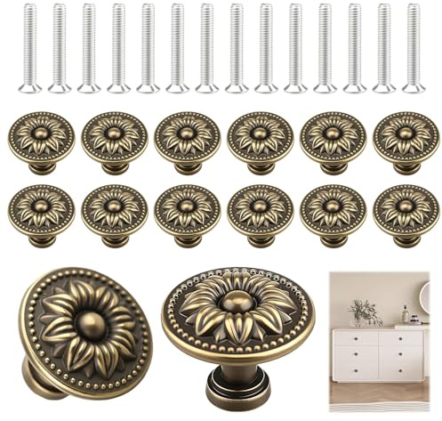 14-Pack Antique Bronzy Cabinet Knobs, 30mm Round Drawer Knobs Vintage Cabinet Handles Zinc Alloy Cupboard Handles for Drawers Wardrobes/Bathrooms/Cabinets/Shoe Cabinets/Dressers/Furniture with Screws