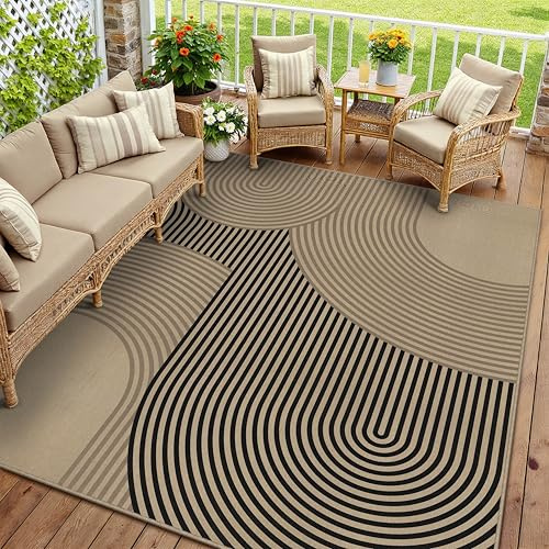 PureCozy Outdoor Teppich Wohnzimmer 200x300cm Outdoorteppich Wetterfest Balkon Braun Schwarz Teppiche Jute Optik Waschbarer rutschfest Groß Carpet Terrassen Garten Esszimmer BüRo Indoor Rug
