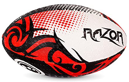 Optimum Razor Rugby Ball - Perfect for Training & Gameplay, Great Flight & Air Retention, Rubber Dimpled Surface for Grip, 2-Ply 410g - Black/Red, Size 3