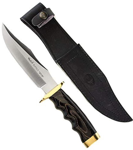 Muela cuchillo de caza Búfalo BUFALO-17M con hoja de acero inoxdable MoVa de 17 cm y empuñadura de madera prensada negra de 12 cm para Caza, Pesca, Supervivencia y Bushcraft + Portabotellas de regalo