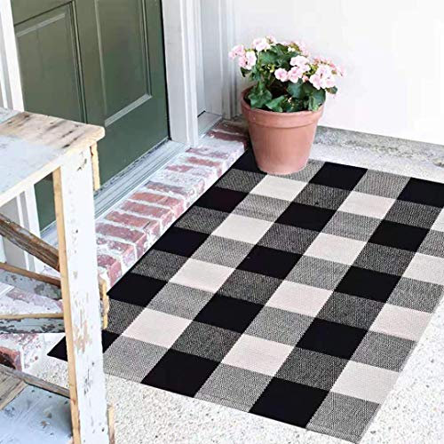 Buffalo Plaid Rug - 18x28 Black and White Check Door Mat Outdoor - Farmhouse Rugs for Kitchen/Bathroom/Front Porch/Decor - Welcome Doormats - Checkered Flannel Cotton Entry Way Mats