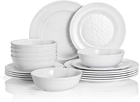 TP 18-Piece Dinnerware Set, Melamine Dishes Set with Bowls and Plates, Service for 6, Non-breakable Lightweight Dining Tableware, White