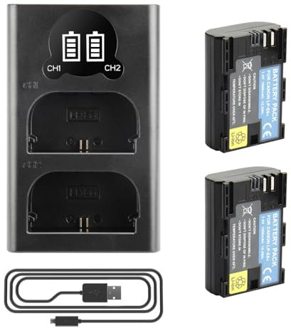 2 X LP-E6 LP-E6N Batterie de Rechange et Chargeur Double Compatible avec Canon EOS 5D Mark II, DS Mark III, 5D Mark IV, 5DS, 5DS R, 6D, 7D, 7D Mark II, 80D, 70D, 60D, 60Da
