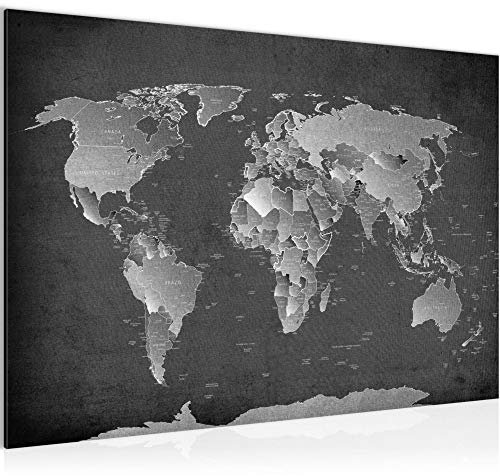 Runa Art Bild Weltkarte Modern Wandbilder Wohnzimmer Büro 1 Teilig - Made In Germany - Landkarte Schwarz Weiss Flur 107615b