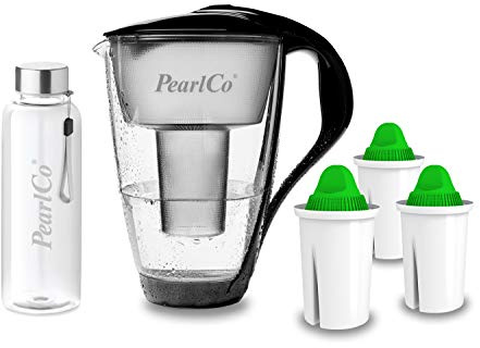 perlopur® Glas-Wasserfilter (schwarz) +3 Kart. Alkaline +Glas-Trinkfl. | Borosilikatglas, 2 l gesamt, 1 l gefiltert, LED-Anzeige, für classic Kartuschen, hebt den pH-Wert an, für basisches Wasser