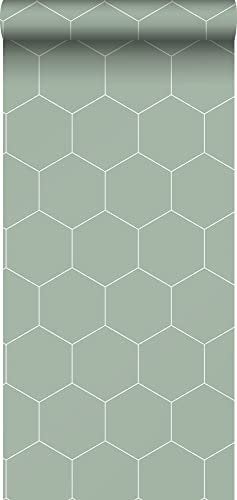ESTAhome papier peint hexagone vert grisé et blanc - 139227-0,53 x 10,05 m