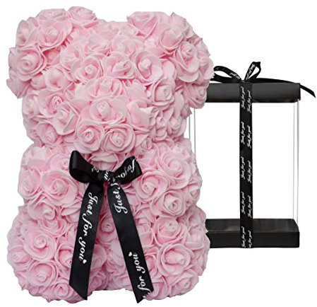 DuHouse Rose Bär Rose Teddybär Blume Geschenk Black Box für Valentinstag Jahrestag Muttertag Weihnachten, Geburtstage Bridal Showers Vollständig handgefertigt 25,4 cm Blume Bär (Hellrosa)
