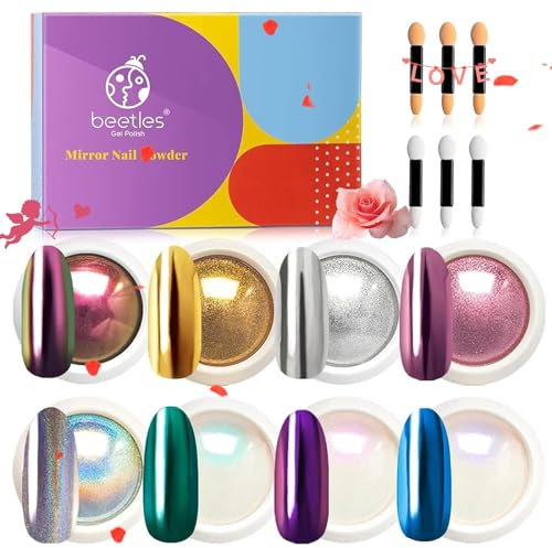 Beetles Chrome Nail Powder Mirror Effect Holographic Aurora Iridescent Pearlescent Manicure Art Decoration Glitter, 8 Colors 1g or 0.5g/Jar DIY Nail Art