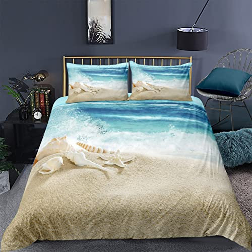 RFFLUX 3D Meer Strand Muscheln Bettwäsche 135x200 cm 4teilig mit Reißverschluss Microfaser Warme Sommer Weich Bettbezug Set Kinderbettwäsche mit 2 Kissenbezug 80x80 cm für Mädchen Junge