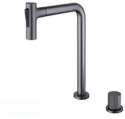 GLYYRLR Badarmatur Messing Waschtischarmatur mit 2 Mode Ausziehbarer Brause, Waschtischbatterie Einzelgriff 2 Löcher Wasserhahn Bad Deck Montiert Waschbeckenarmatur,Grau,Tall