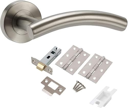 Ironmongery Hardware Online 1 Set Arched T-Bar Door Handle Pack with Satin Stainless Steel Door Handles, Latch and Hinges