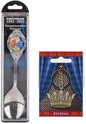 Queen Platinum Jubilee Memorabilia 2022 Collectable Commemorative Stainless Steel Souvenir Remembrance Spoon 1952-2022 Spoon Plus Queen's Medieval Crown Metal Keyring