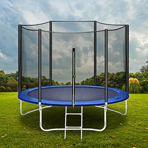 HomeMiYN Trampolin Outdoor Ø 183/244/305/366 cm Indoor Trampolin Kinder Rundes Gartentrampoline, Komplettset mit gepolsterten Stangen, Leiter, Randabdeckung, Sicherheitsnetz (Ø 305 cm)