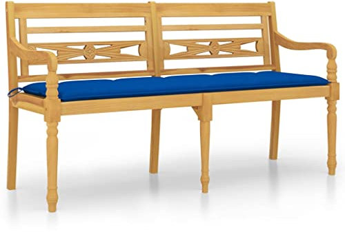 vidaXL Batavia Bank mit Blauem Kissen Gartenbank Gartenmöbel Parkbank Sitzbank Holzbank Balkonbank Terrassenbank 150cm Massivholz Teak