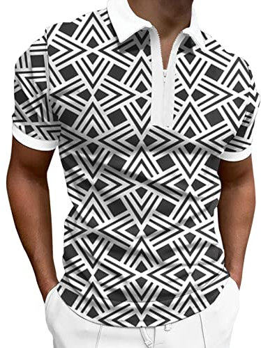 Polo Shirt Men's Business Shirt Slim Fit Men's Zip Long Sleeve Solid T-Shirt Outdoor Tribal Pattern Top Fitness Shirts Men, White, XL