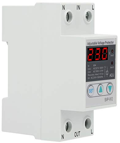 SVP-912 Over Under Voltage Protector, 63A 230V DIN Rail Mount, Adjustable Protection Values with LED Display, Auto Reset Delay for Electrical Systems