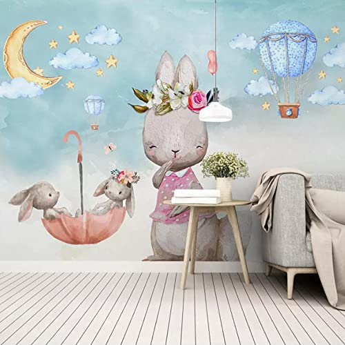 Wandbilder Wand Deko 3D-Cartoon-Häschen-Ballon-Dekorations-Fototapete, 308 x 220 cm Wandtattoo Wandaufkleber für Junge Mädchen Schlafzimmer Wanddeko