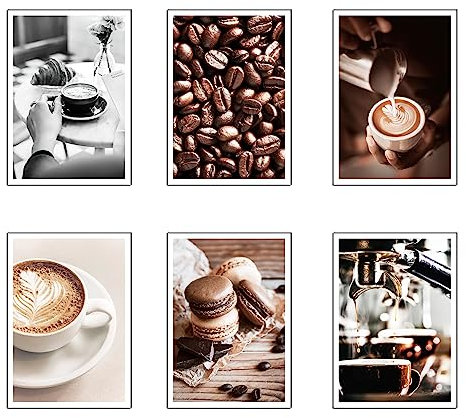 Set 6 cuadros base madera, Decoración Salón Modernos, Dormitorios, Habitación, Cocina, Café con colgadores metálicos, (29 x 20 cm cada cuadro)
