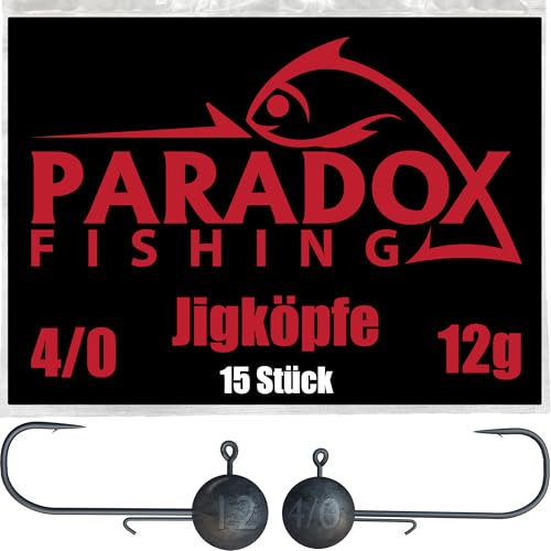 Paradox Fishing Jigköpfe Set 15x 12g 4/0 I Jig Köpfe Gummifisch mit Jighead für Gummifische Barsch Hecht Zander Angelzubehör