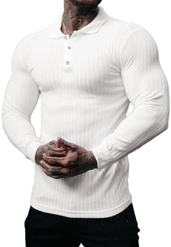 Muscle Cmdr Men's Cotton Muscle Shirts Slim Fit Business Casual Tee Long Sleeve Ribbed Polo V Neck Shirt White/S