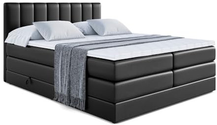 ALTDECOR Boxspringbett mit Matratze und Lattenrost, Topper, Polsterbett mit Bettkasten, Bett mit Stauraum H3- und H4- Matratze, Doppelbett, Springboxbett - OTTA King - 180x200 - Schwarz Kunstleder