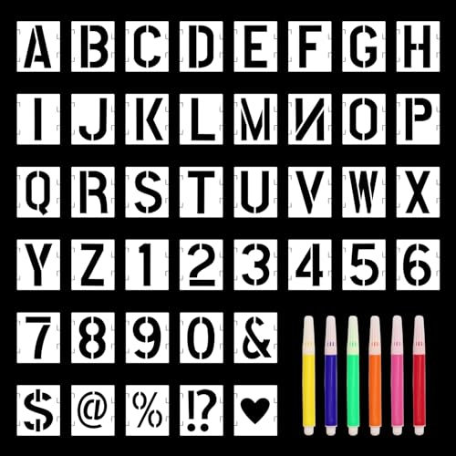 ZYNERY 48 Stück Groß Buchstaben Schablone Set, 42 13cm Wiederverwendbare Buchstaben Schablonen mit 6 Aquarellstift, Alphabetschablone für Wandmalerei, Holzschilder, DIY, Bastelprojekte (13cm/5Zoll)