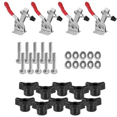 POWERTEC Toggle Clamp and T Track Knob Kit, Woodworking Tools for T Track| 4PK, 300 lbs Holding Capacity, 201B Quick Release Horizontal Clamps & Set of 10 T Track Bolts (72115)