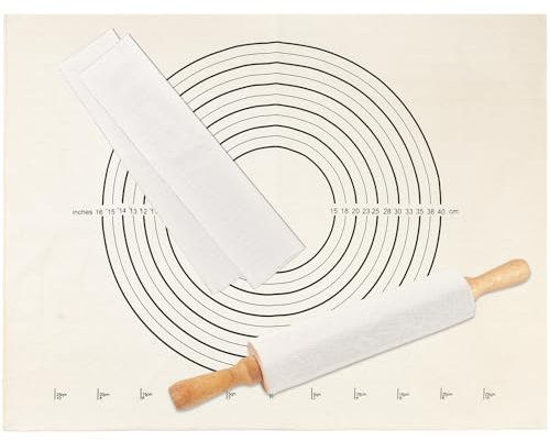 3PCS Pastry Cloth and Rolling Pin Cover Set, 1PCS 25 X 20 Heavy Cotton Canvas Cloth Pastry Mats with Measurement 2PCS 13 X 2.7 Flexible Rolling Pin Covers Sleeves for Rolling Dough Baking Bread